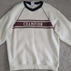 Champion Cream Crewneck Sweatshirt with Maroon Stripe and Black Trim